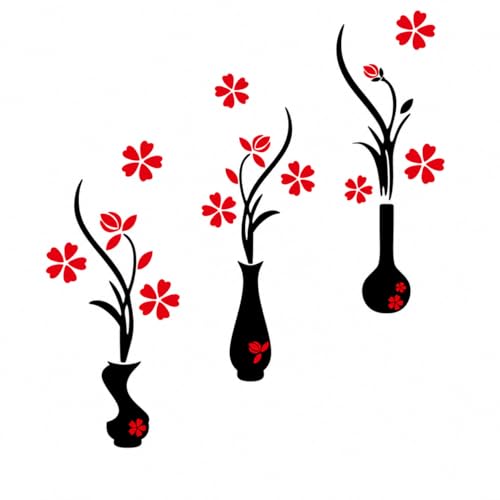 Image of DreamKraft Black Vase Red Floral Wall Sticker, Large PVC Vinyl Flower Vase Wall Decal for Bedroom, Living Room and Hallway Decor, 107 x 125 cm