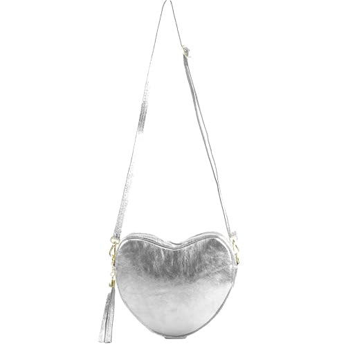 modamoda de T267 Damen Leder Herzförmige Umhängetasche Schultertasche handmade in Italy (Silber Metallic)