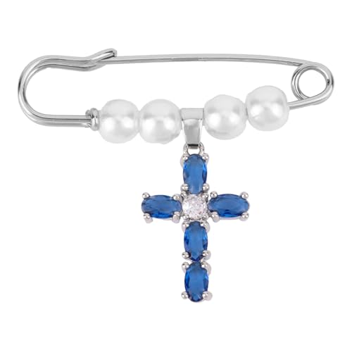 Blue Cross Charm Brooch, Christian Wedding Bridal Bouquet Charm Elegant Bridal Shower Gift Bride Pendant from Mom Sister Friend Pin Securely Attaches to Bouquet, Garter, Dress