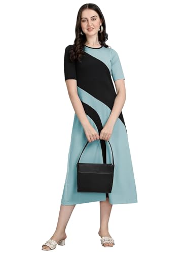 Image of LONDON BELLY Women's Poly Cotton Maxi Dress with Round Neck Half Sleeves Striped Pattern Calf Length Regulat Fit and Flare | Elegant Fit and Flare Western Dress | Women Stylish Cotton Maxi Dress