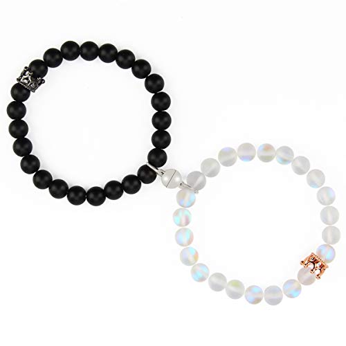 Magnetic Couple Bracelets King&Queen Crown Couple Bracelets His and Her Friendship 8mm Beads Bracelet (Moon Stone&Matte Black Agate)