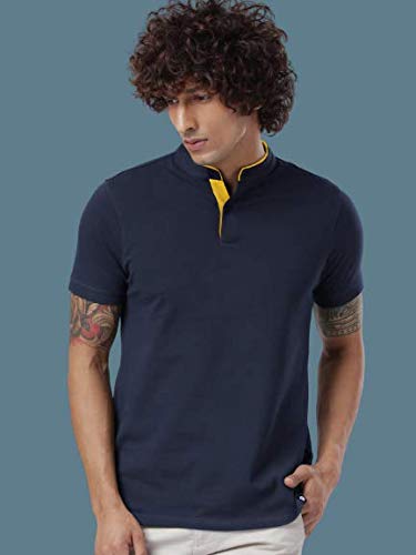 Image of The Souled Store Solids: Navy Blue Mens Cotton Mandarin Polo Mandarin Polos Fashionable Trendy Graphic Prints Pop Culture Merchandise