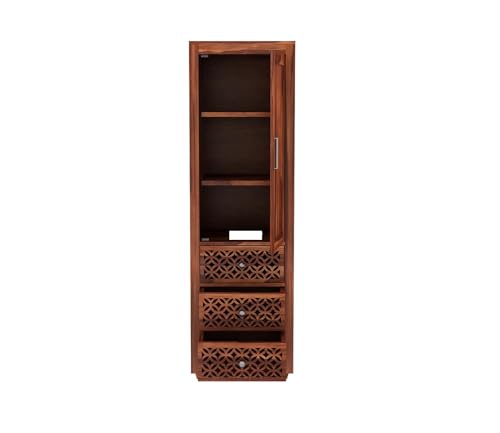 Image of Sheesham Wood Wooden Single Door Wardrobe Organizer for Clothes | - Solid Wood Almirah with 3 Drawers, 3 Shelves - Cupboard for Large Bedroom, Natural Finish