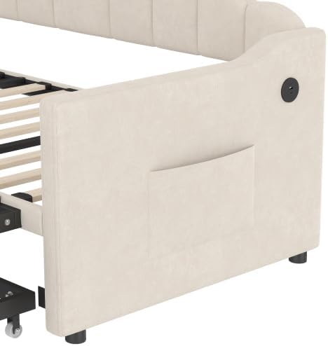 Bellemave Twin Size Upholstered Daybed with Pop Up Trundle, Twin Day Bed Frame with USB & Type-C Charging Ports, Velvet Sofabed with 2 Side Pockets, Beige