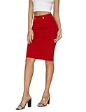 SLOWCOLIN Women's Elastic Waist Stretch Knee Length Midi Pencil Skirt Cute Button Bodycon Work Dress Skirts with Slit Red