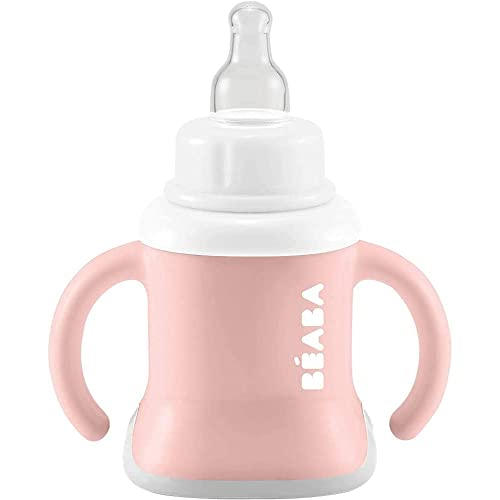 BÉABA Tasse d'Apprentissage Bébé, Fonction Biberon/Gourde/ Tasse, Anti-fuite, Facilite la prise en main, ergonomique, Paille, Évoluclip 3 en 1, Capuchon, Old Pink