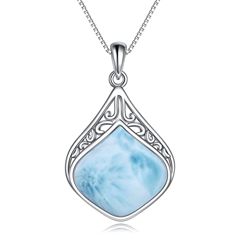 YAFEINI Larimar Necklace 925 Sterling Silver Filigree Irish Celtic Teardrop Natural Gemstone Larimar Pendant Necklace Jewelry Gifts For Women