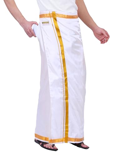 Image of PRAKASAM COTTON Double Layer 8 Mulam Velcro Pocket Dhoti for men | Mundu with Golden Jari Border, Readymade Dhoti for men, Silk Look, South Indian Veshti