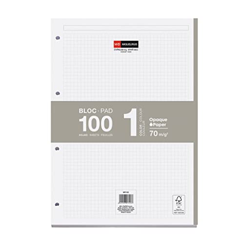 Miquelrius - Bloc de recambio de hojas cuadriculadas A4, Recambio de hojas perforadas para archivador 4 anillas, 100 Hojas A4 con cuadrícula 5x5 mm, Papel que evita que la tinta traspase, Gris