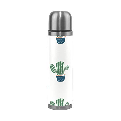 BKEOY Taza de viaje aislada al vacío de acero inoxidable con doble pared a prueba de fugas, botellas de cactus, macetas personalizadas impresas en piel auténtica, termo de 500 ml
