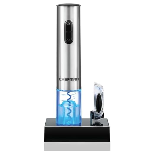 Chefman Electric Wine Opener with Foil Cutter, Automatic Corkscrew and Foil Remover, One Touch Wine Bottle Opener with Rechargeable Battery and Charging Stand, Stainless Steel 110/240V