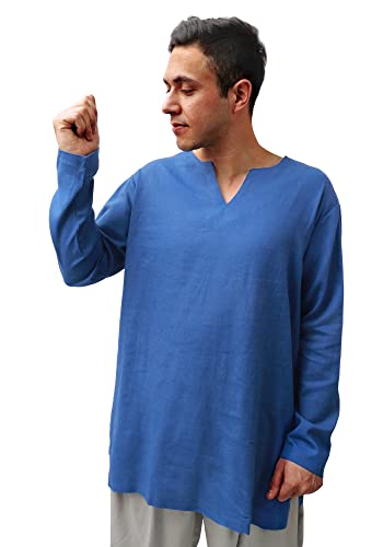 PROCOS Camisetas masculinas medievais retrô de linho túnica manga longa pirata reconstituição, Azul,