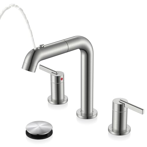 KENES Widespread Bathroom Faucet with Sprayer Brushed Nickel Bathroom Sink Faucet with Pull Down Sprayer 8 Inch 3 Hole Pull Out Bathroom Faucet with Pop Up Drain & Supply Lines LJ-9058A