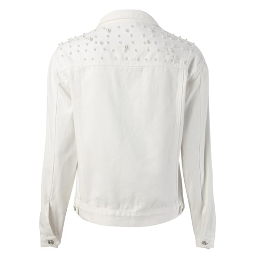 2026 Damen Jacken Große Jeansjacke Bestickte Perlen Mantel, weiß, M