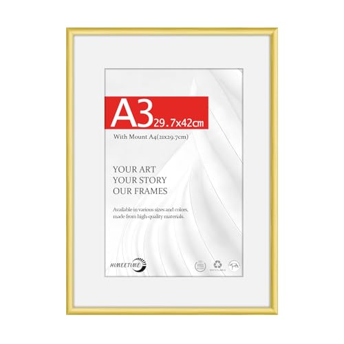 HIMEETIME 1x A3 29.7x42cm Picture Frames | Gold Matte Aluminum Metal | 30x42cm Certificate Frame with Shatterproof Acrylic Glass | Portrait & Landscape Wall Mount | Slim Professional Profile