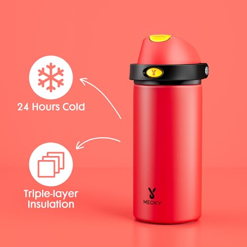 Image of 18 oz Kids Water Bottle for Sports: Meoky 18 oz Stainless Steel Insulated Water Bottle with 2-in-1 Straw and Spout Lid - Leak Proof, Cold for 24 Hours, BPA-Free for Teens Boys Girls, Heroic Red