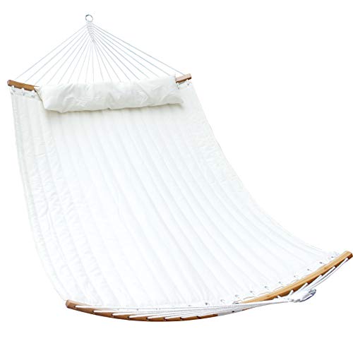 SUNNY GUARD 11FT Double Hammock Quilted Fabric Curved-Bar Bamboo＆Detachable Pillow,2 Person Hammock for Outdoor Patio Backyard 75 x55 ,Milky White
