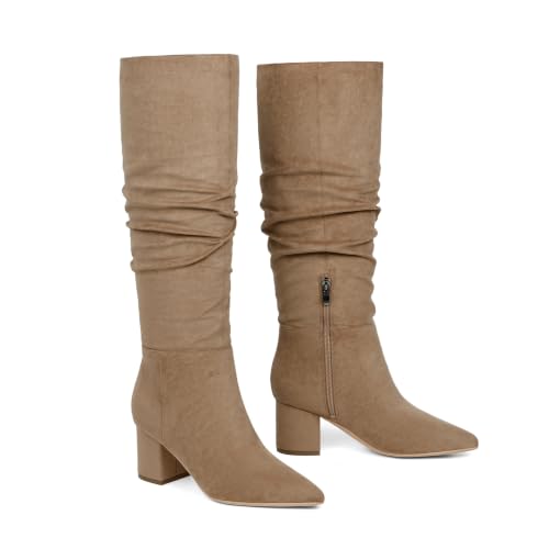 Image of Easyfox Womens Knee High Boots Chunky Low Heel Pointed Toe Tall Long Boots