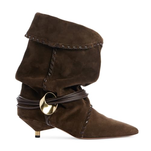 Yishaweiqi Kitten Heel Mid Calf Boots for Women Metallic Low Heel Ankle Boots Pull On Pointed Toe Slouch Boots Fall Suede Boots2