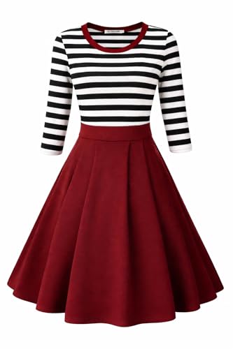 Image of BI.TENCON Women's Striped Pleated Casual A-Line Dresses Knee Length with Pockets