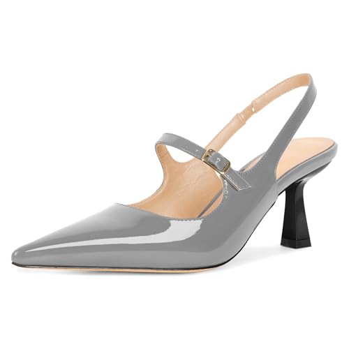 Soireelady Women's Slingback Pumps Pointed Toe Kitten Heels Buckle Strap Slip On Low Heels Wedding Dress Shoes 2.5 Inches Grey US Size 7
