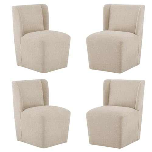 Image of KISLOT Upholstered Dining Chairs Set of 4 with Casters, Wingback Modern Side Armless Deskchair with Rollers for Diningroom Bedroom Livingroom Reading Room, Sand Fabric