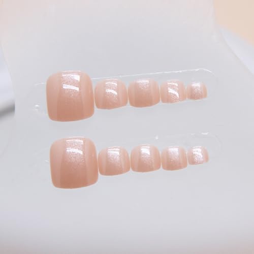 Image of Chrome Press on Toenails Short Square Fake Toenails Glossy White Pink Aurora Toe Nail Press ons Sheer Shiny Stick on Toe Nails for Women Summer Manicure 24Pcs