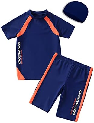 Kids Boys Swimsuits UPF50+UV Swimwear Set Two Piece Rash Guard with hat for 4-14 Years Blue