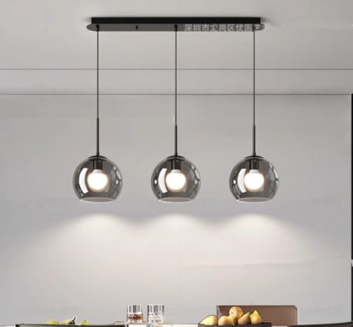 Suspension linéaire 3 lampes E27 en verre fumé et métal noir mat pour salle à manger 75cm
