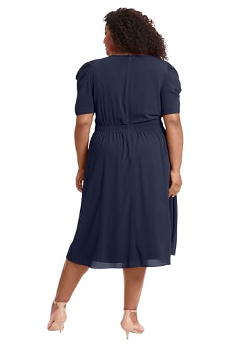 Image of London Times Women's Caterpillar Puff Sleeve Midi Dress - Gathered Waist A-Line Flowy Summer Dress