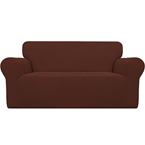 Image of Easy-Going Stretch Oversized Loveseat Slipcover 1-Piece Sofa Cover Furniture Protector Couch Soft with Elastic Bottom for Kids Polyester Spandex Jacquard Fabric Small Checks Coffee