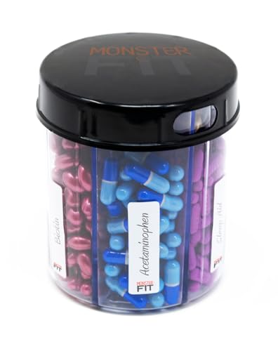 Image of Supplement Pill Dispenser Bottle, 6 Compartment, Labels, Easy Open, Anti-Mixing, Monthly Vitamin Organizer, Monster Fit Jr Medication Holder (Clear, Small)