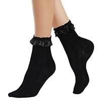Calze Alla Caviglia In Pizzo Con Volant - 1 Paio Bianco/nero, Cotone Elastico Per Ragazze E Donne