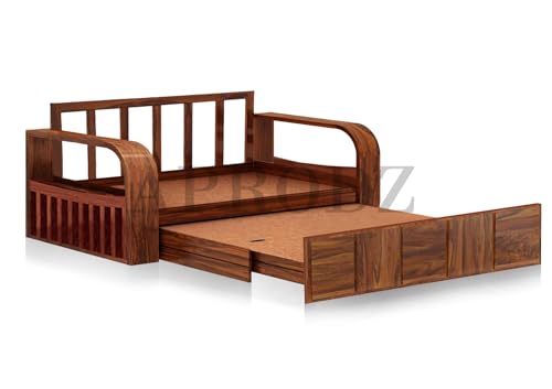 Image of APRODZ Sheesham Wood Sofa Cum Bed, 3 Seater, Honey Finish, Blue Upholstery (75 x69 x30 Inch)
