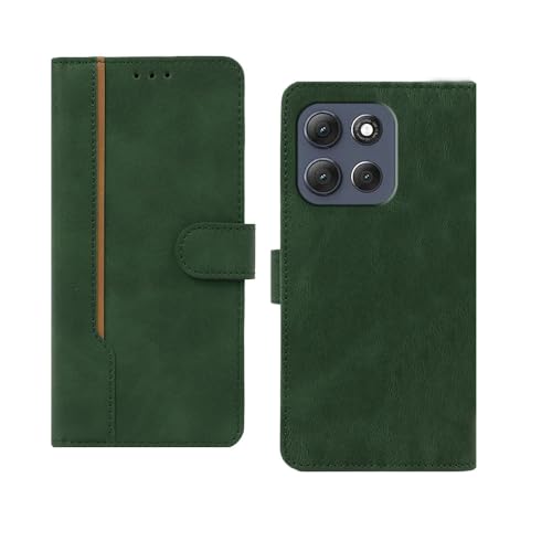 Image of amazon basics Moto G86 Power 5G Flip Cover | Card Pockets Wallet & Stand | Flip Cover for Moto G86 Power 5G (Green with Beige Strip)