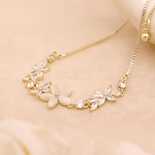 Dainty Gold Flower Bracelets for Women, Trendy Sparkly Adjustable Non Tarnish Box Chain Opal Marquise Rhinestone Slider Bracelet Spring Prom Holiday Jewelry Gift4