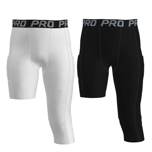 2 Pack 3/4 Boys Compression Pants One Leg Compression Tights Quick Dry Basketball Leggings Running Sports Athletic