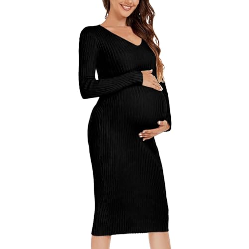 Generisch Strickkleid Damen lang Umstandskleid Langarm V-Ausschnitt Strick Dehnbar Pullover Kleider Schwangerschaftskleidung (Black, M)