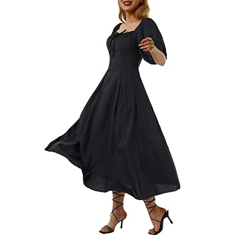 Damen Casual Boho Kleid Blumendruck Kleider Puffärmel Langer Rock Strand Sommerkleid Elegantes A Linien Kleider (M,Schwarz) Cover