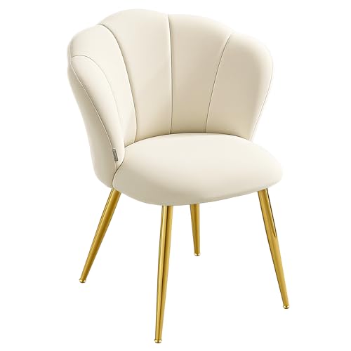 VASAGLE Dining Chair Petal Shaped Backrest Upholstered Velvet Vanity Chair Loads 150 kg Steel Legs for Kitchen Living Room Bedroom Cream White KDC099W101