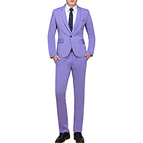 Men's Slim Fit 2 Pieces Suit One Button Solid Formal Blazer & Pants Single Breasted Prom Wedding Tuxedo Set (Purple,X-Large)