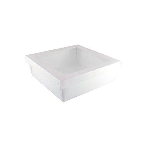 Image of White Kray Box with Window Lid (Case of 100), PacknWood - Paper to Go Containers with Lid for Takeout (102 oz, 9.8 inch x 9.8 inch x 2 inch) 210KRAYWH255