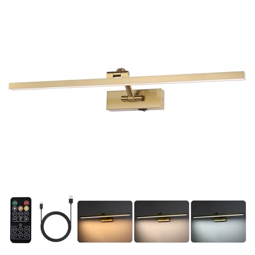 Wireless Picture Lights for Wall Battery Operated, Brass Art Lighting for Paintings Rechargeable Gallery lights with Remote and Timer 3CCT Dimmable Painting Lights for Artwork Portrait 23.6 inch
