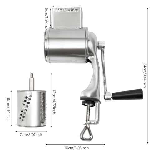 Edelstahl Manuelle Kartoffelreibe Reibemaschine Küchenmaschine für Käse, Gurken, Karotten, Nüsse, mit 5 Trommeln und Ein fester Clip, Silber,10 * 24cm/3.93 * 9.44inch