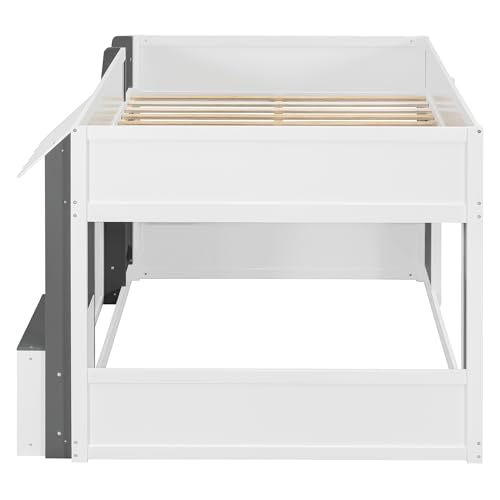 Image of Full House Loft Bed with Playhouse & Storage, Modern Wood Cabin Bed for Kids /Teens (White+Gray)
