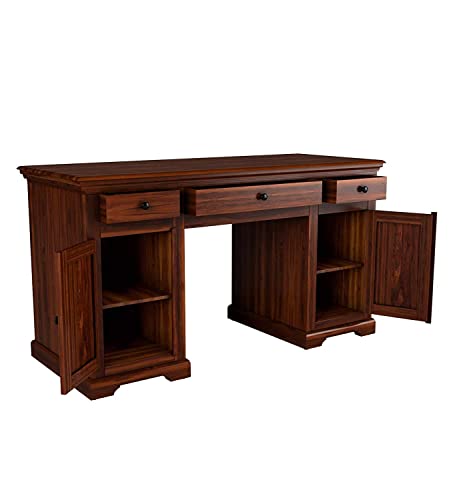 Image of Solid Sheesham Wood Study and Writing Tables with 3 Drawer for Living Room Study Room Hall Home Office | Wooden Computer Laptop Table | Natural Brown Finish