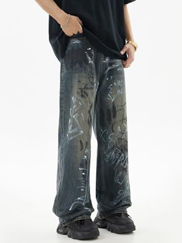 Jeans Pants Trousers Denim Printed Wide Leg Floor Dragging Men's Street Handsome Graffiti Retro Casual Wear2