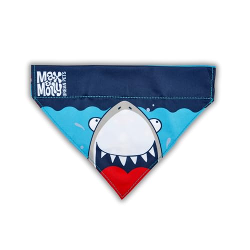 Image of Max & Molly Reversible Fabric Bandana for Dogs & Cats, Soft Washable Fabric, No-Tie Design, Pet Collar Slides Through Top Loop to Keep Bandana Securely in Place (Sharks, Medium-Large)