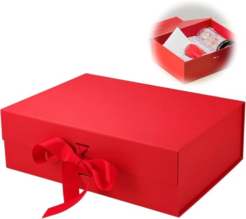 Coffret cadeau avec nœud, boîte cadeau magnétique avec couvercle, boîte d'emballage cadeau réutilisable, pour anniversaire, Noël, Saint-Valentin (rouge)