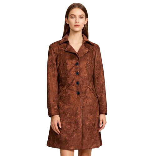 Generisch Gabardina para mujer, chaqueta larga de ante, abrigo forrado cálido, abrigo de piel elegante, manga larga, chaqueta de cuero sintético, chaqueta de entretiempo clásica para primavera y otoño